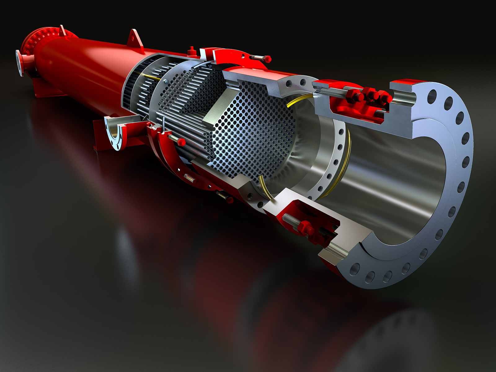 Cutaway of a shell and tube heat exchanger showing tubesheet, baffles and tube bundle